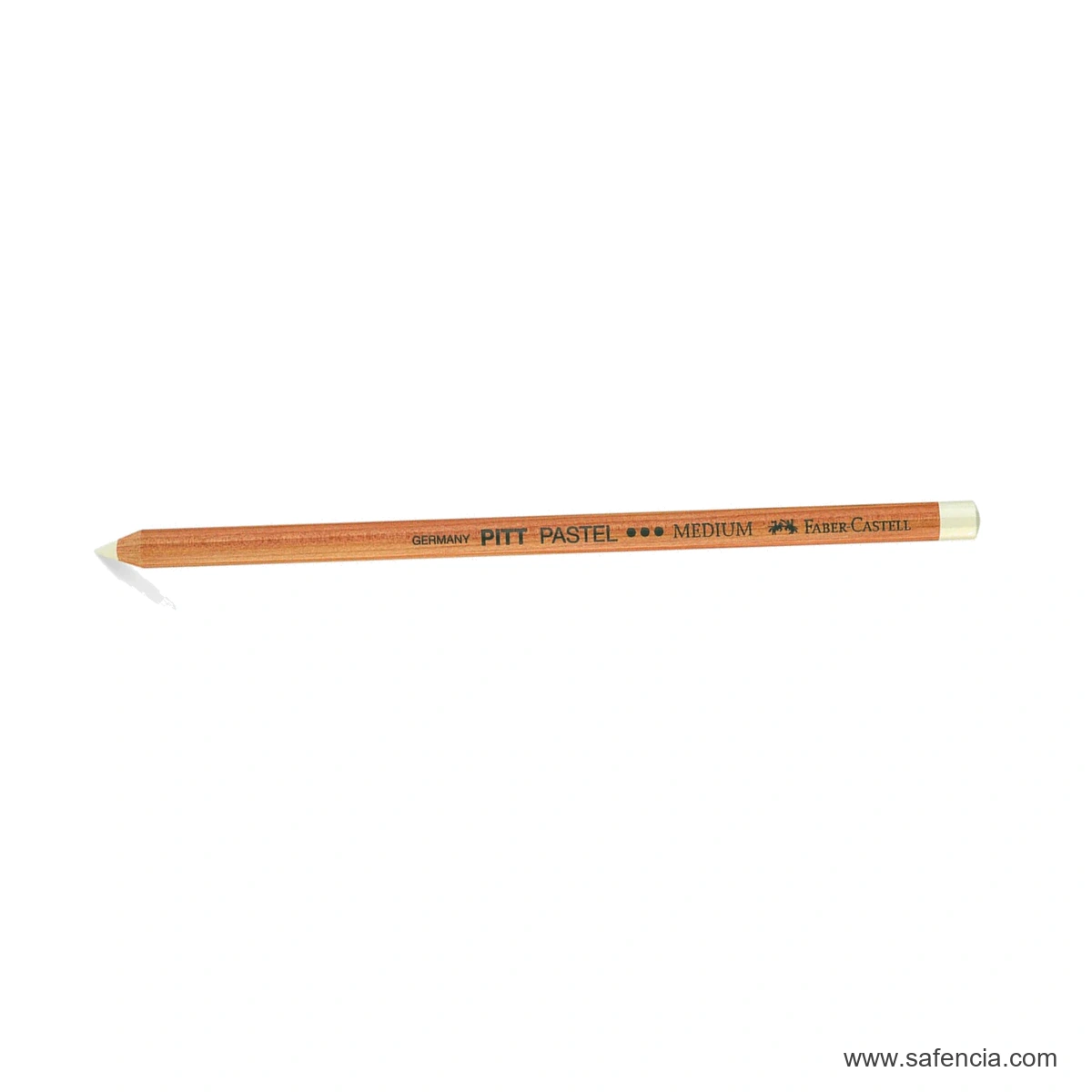 Full horizontal Faber-Castell Pitt Pastel White Medium pencil showing sharpened white point and end cap