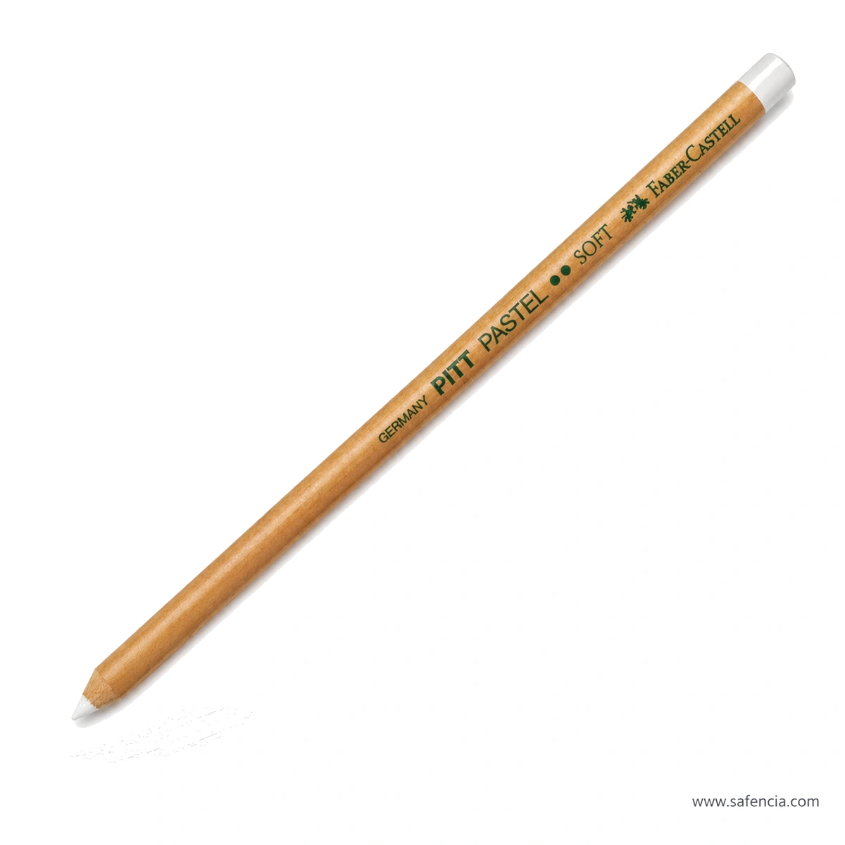 Faber-Castell Pitt Pastel White Soft pencil beside a pale white test swatch on white