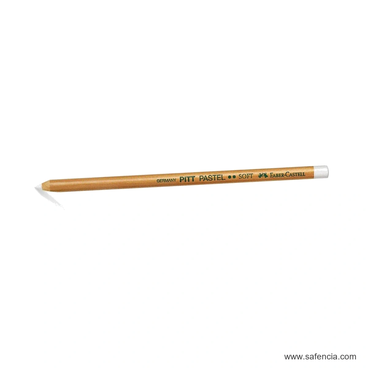 Horizontal Faber-Castell Pitt Pastel White Soft pencil with full natural wood barrel visible
