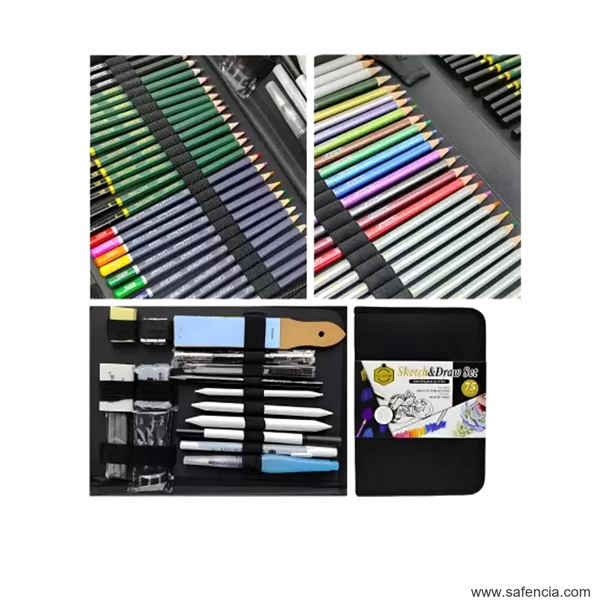 Keep Smiling 75 Pieces Professional Drawing and Sketching Set keep smiling 75 piece art set accessories detail shown clearly on a clean white Safencia product canvas