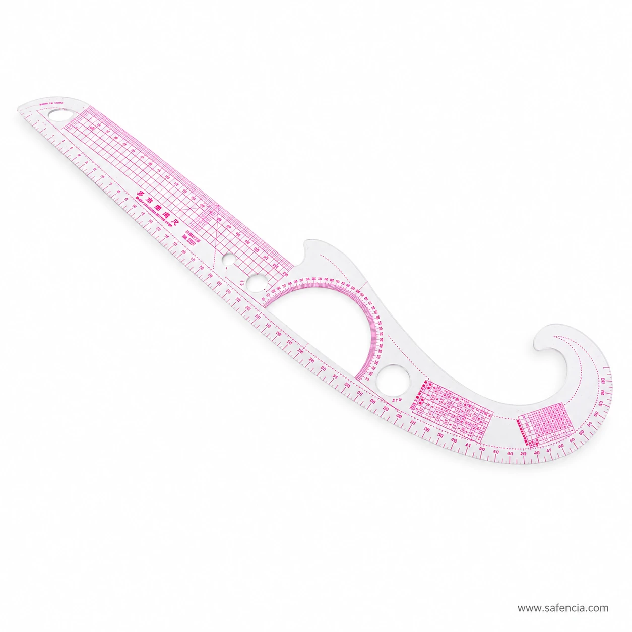 Textile Curve Scale 3250 detail showing hooked curve, angle guide and pink printed markings