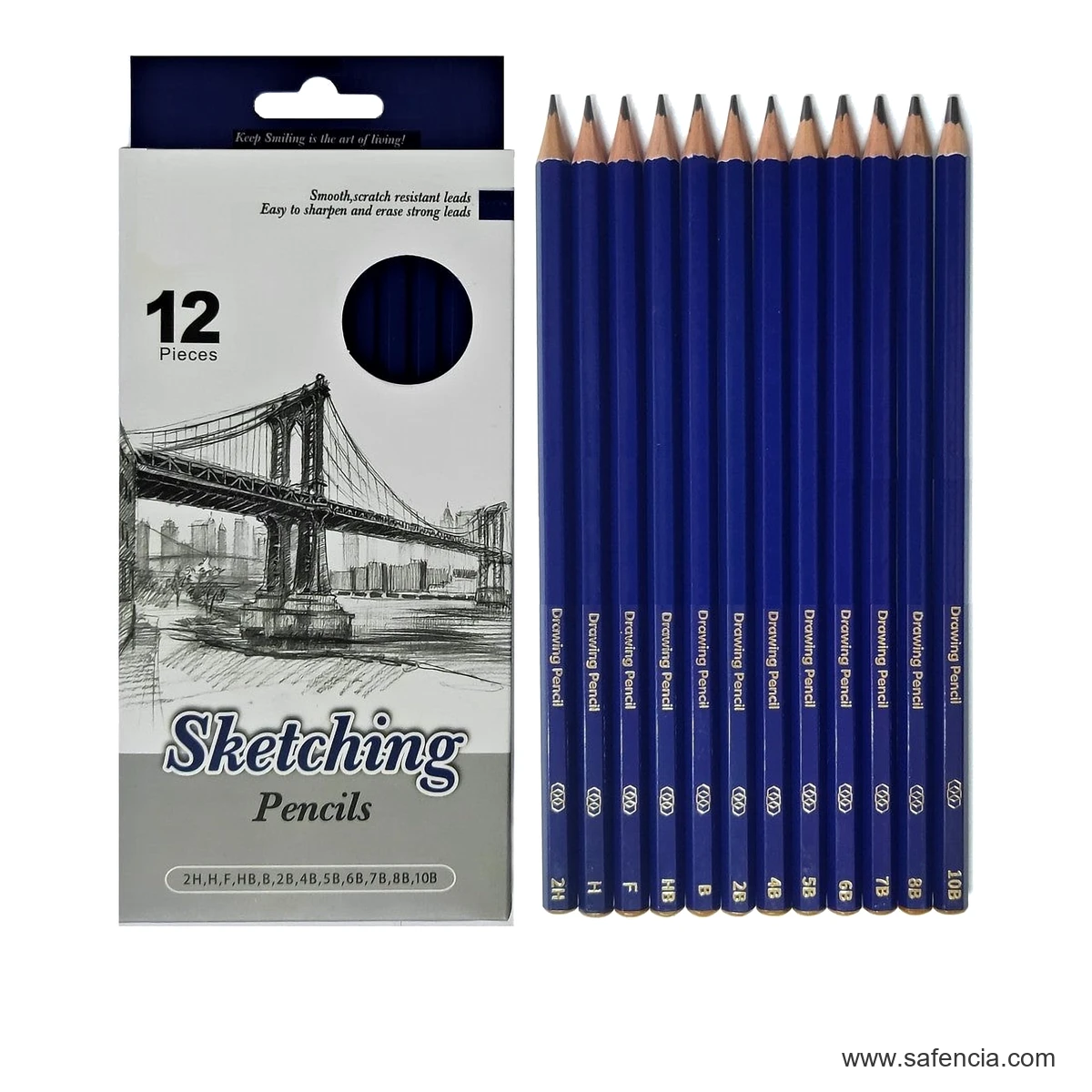 Keep Smiling Sketching Pencil Set of 12 keep smiling 12 piece pencil set angled view shown clearly on a clean white Safencia product canvas