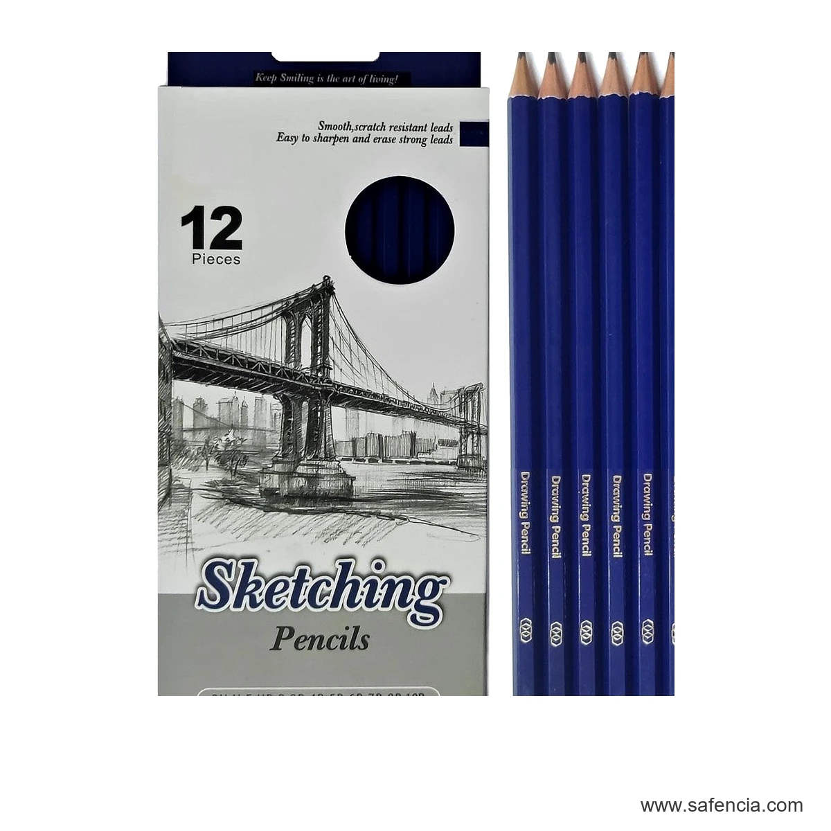 Keep Smiling Sketching Pencil Set of 12 keep smiling 12 sketching pencils box front shown clearly on a clean white Safencia product canvas