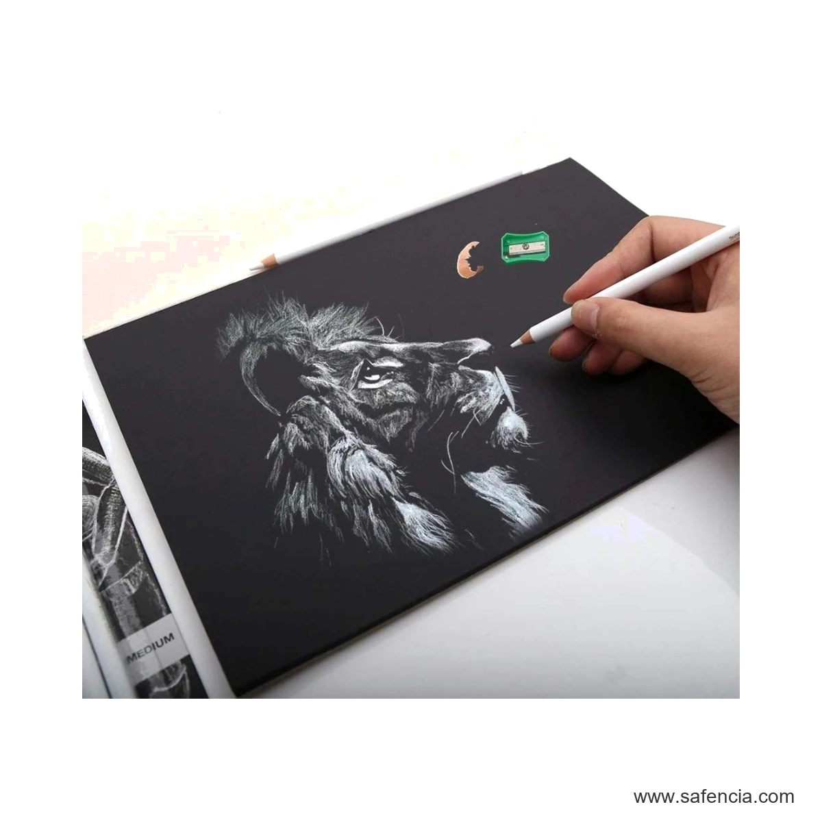 Keep Smiling White Charcoal Pencil Pack of 3 keep smiling white charcoal on black paper shown clearly on a clean white Safencia product canvas