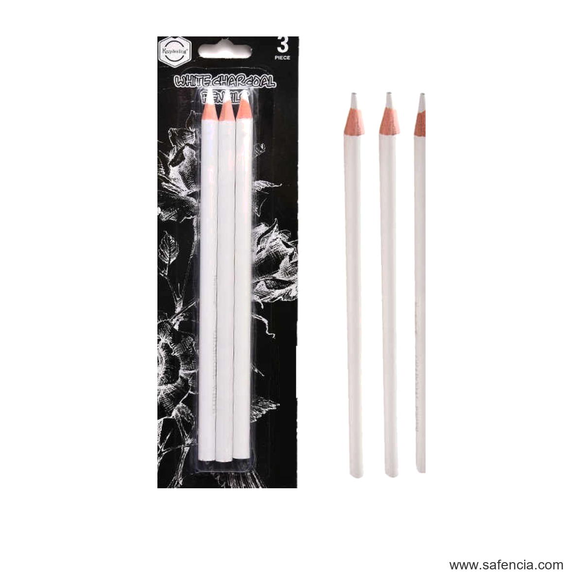 Keep Smiling White Charcoal Pencil Pack of 3 keep smiling white charcoal pencil pack detail shown clearly on a clean white Safencia product canvas