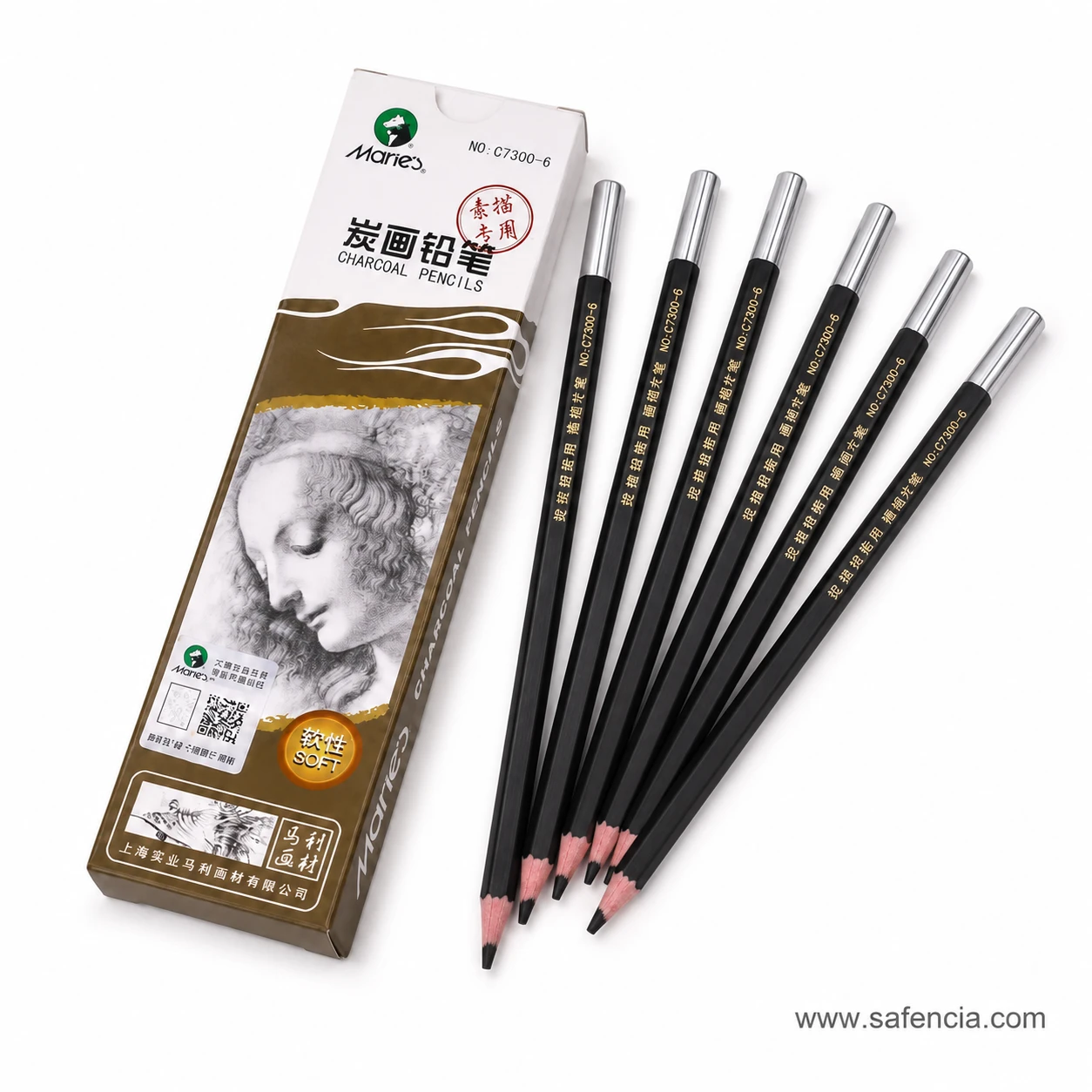 Maries Black Charcoal Pencil 1pc maries black charcoal pencil box and grade range shown clearly on a clean white Safencia product canvas
