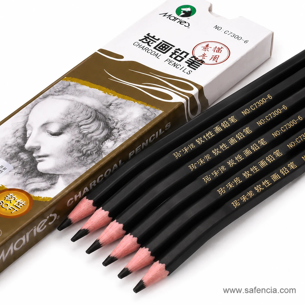 Maries Black Charcoal Pencil 1pc maries black charcoal pencil box and sharpened pencils close view shown clearly on a clean white Safencia product canvas