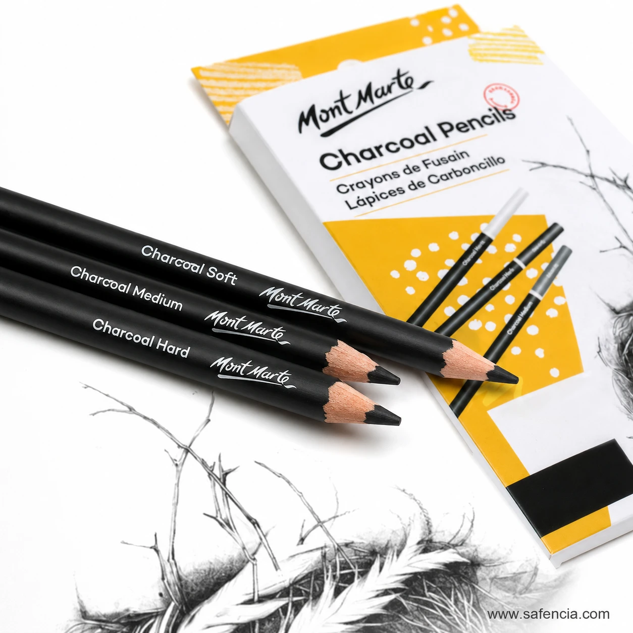 Mont Marte Charcoal Pencils Pack of 12 mont marte charcoal pencils pack close detail shown clearly on a clean white Safencia product canvas