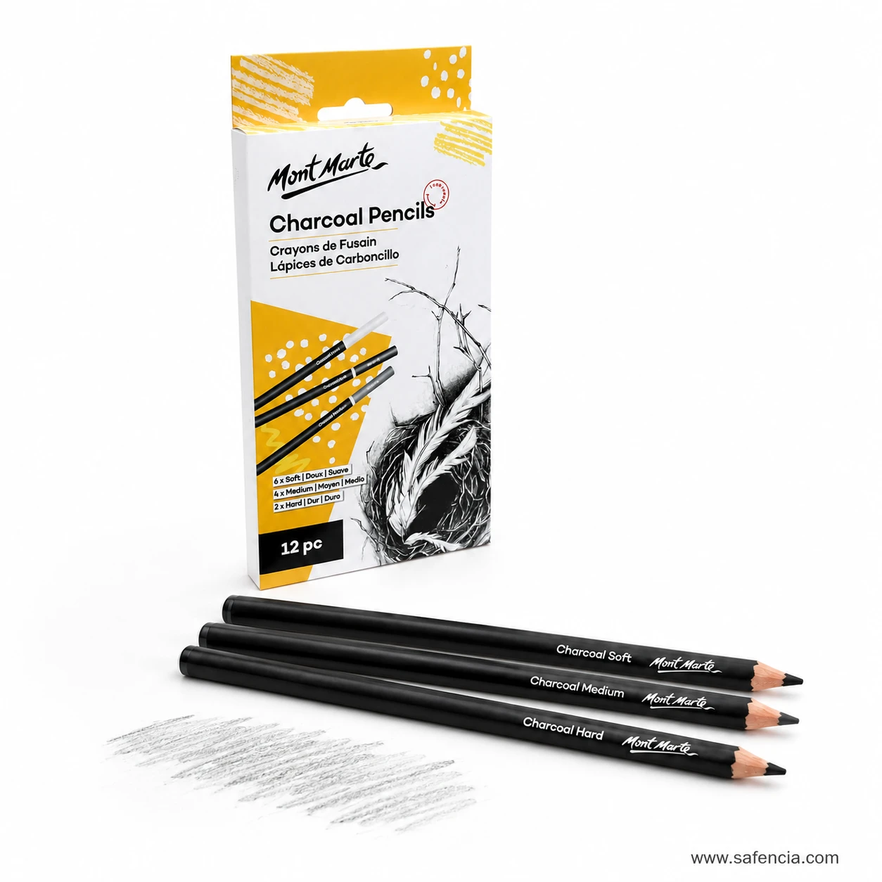 Mont Marte Charcoal Pencils Pack of 12 mont marte charcoal pencils soft medium hard view shown clearly on a clean white Safencia product canvas
