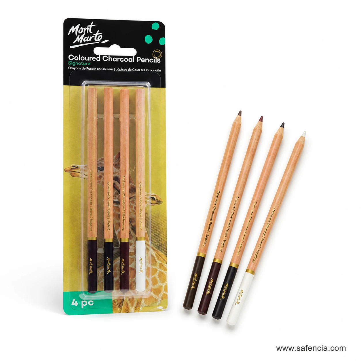 Mont Marte Coloured Charcoal Pencils 4pcs mont marte coloured charcoal four pencil layout shown clearly on a clean white Safencia product canvas