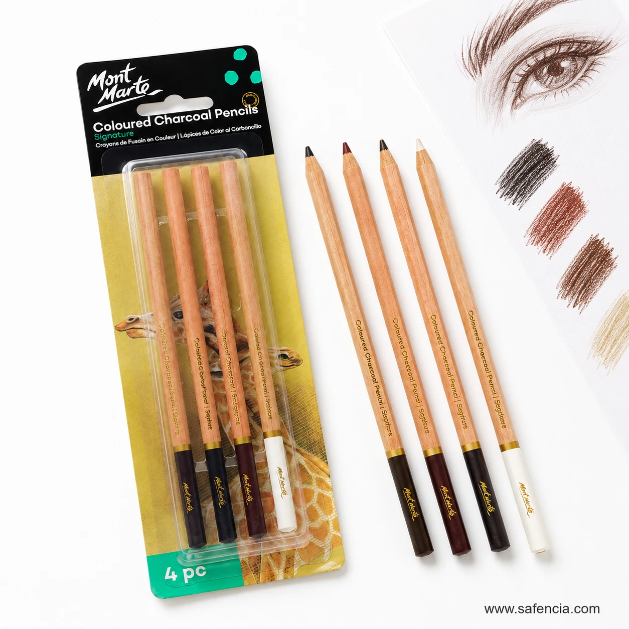 Mont Marte Coloured Charcoal Pencils 4pcs mont marte coloured charcoal pencils and shade swatches shown clearly on a clean white Safencia product canvas