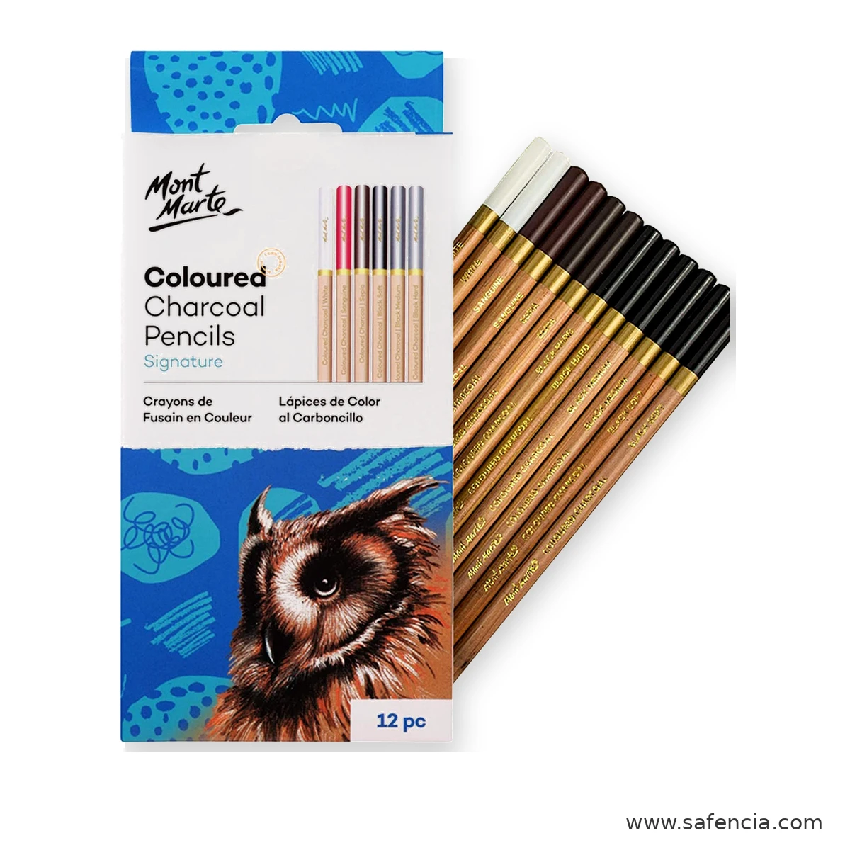 Mont Marte Signature Coloured Charcoal Pencils Pack of 12 mont marte coloured charcoal box and 12 pencil row shown clearly on a clean white Safencia product canvas