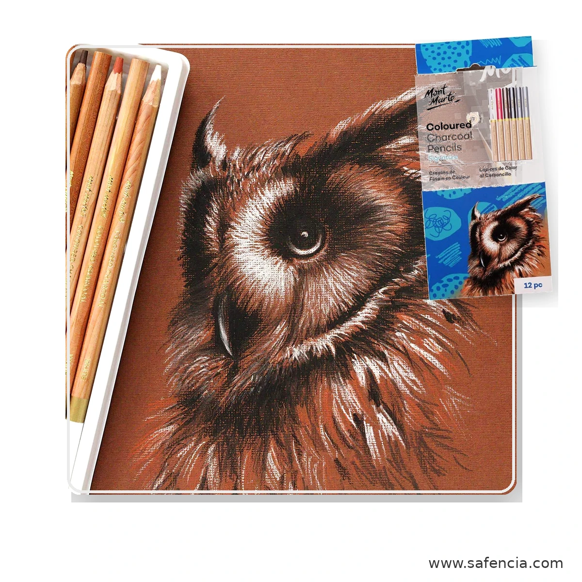 Mont Marte Signature Coloured Charcoal Pencils Pack of 12 mont marte coloured charcoal owl drawing view shown clearly on a clean white Safencia product canvas
