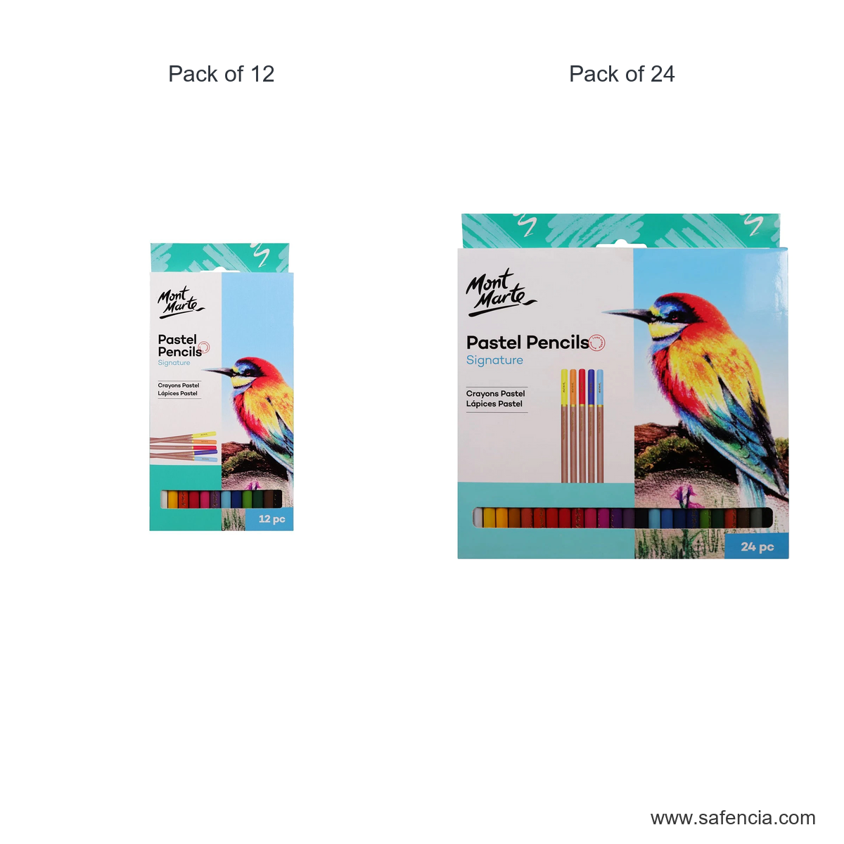 Mont Marte Signature Pastel Pencils mont marte pastel pencil pack size comparison shown clearly on a clean white Safencia product canvas