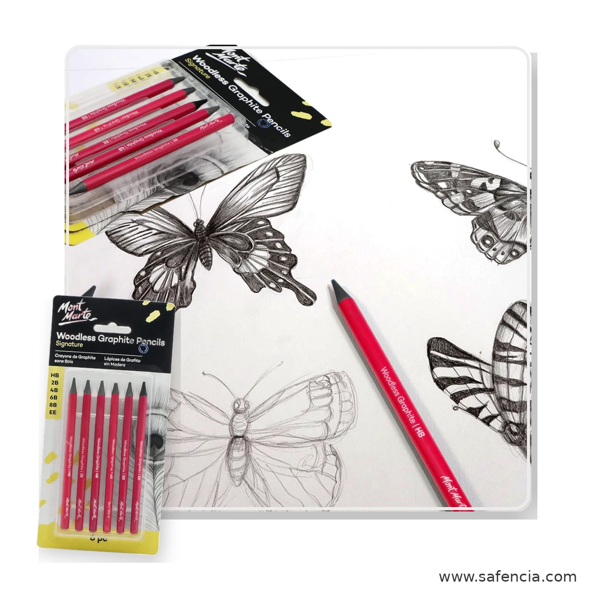 Mont Marte Signature Woodless Graphite Pencils 6pc mont marte woodless graphite butterfly drawing view shown clearly on a clean white Safencia product canvas