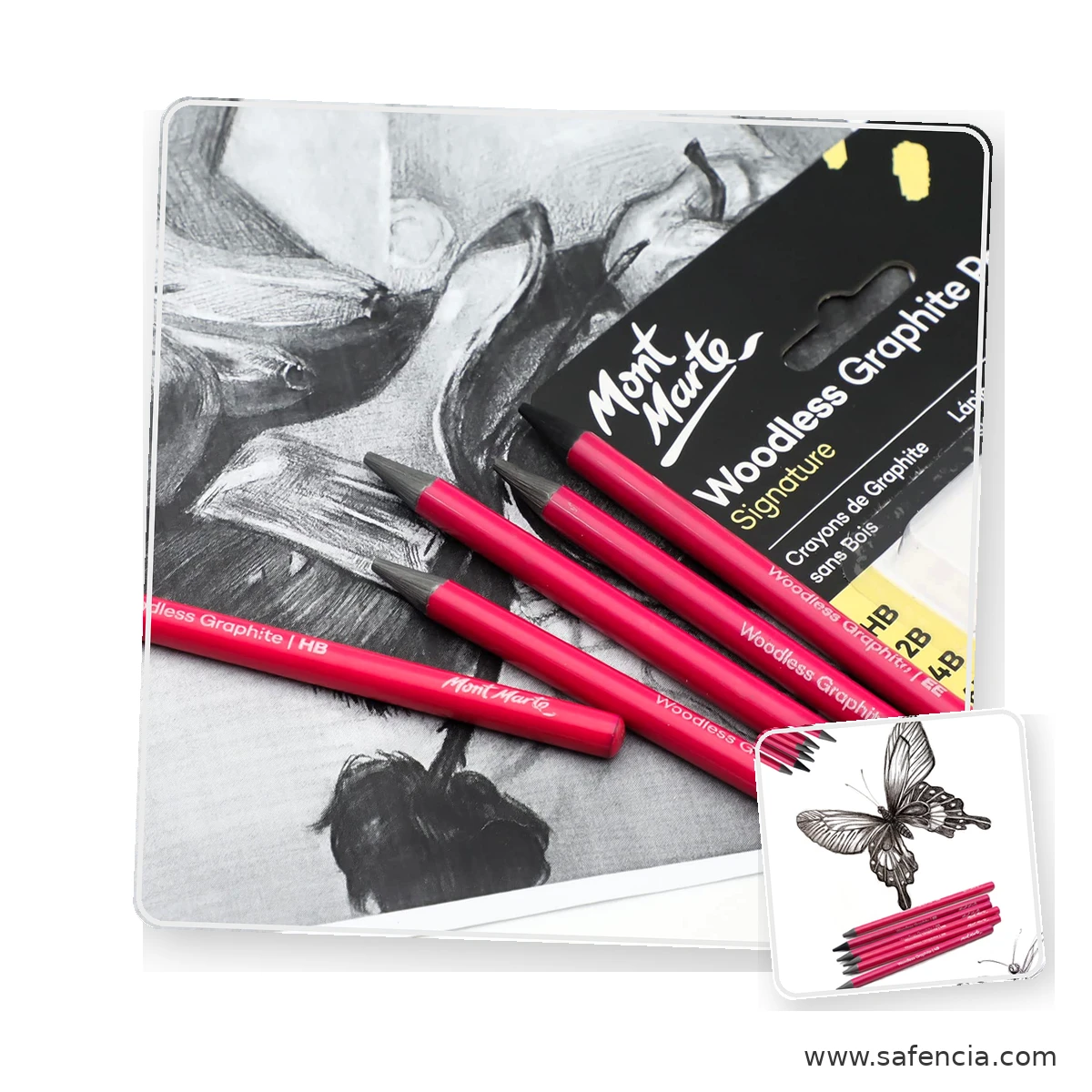 Mont Marte Signature Woodless Graphite Pencils 6pc mont marte woodless graphite portrait and pencil view shown clearly on a clean white Safencia product canvas