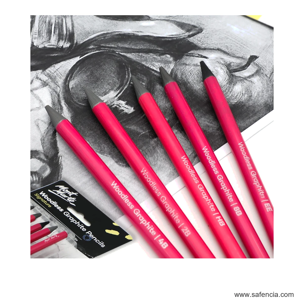Mont Marte Signature Woodless Graphite Pencils 6pc mont marte woodless graphite six pencil grades shown clearly on a clean white Safencia product canvas