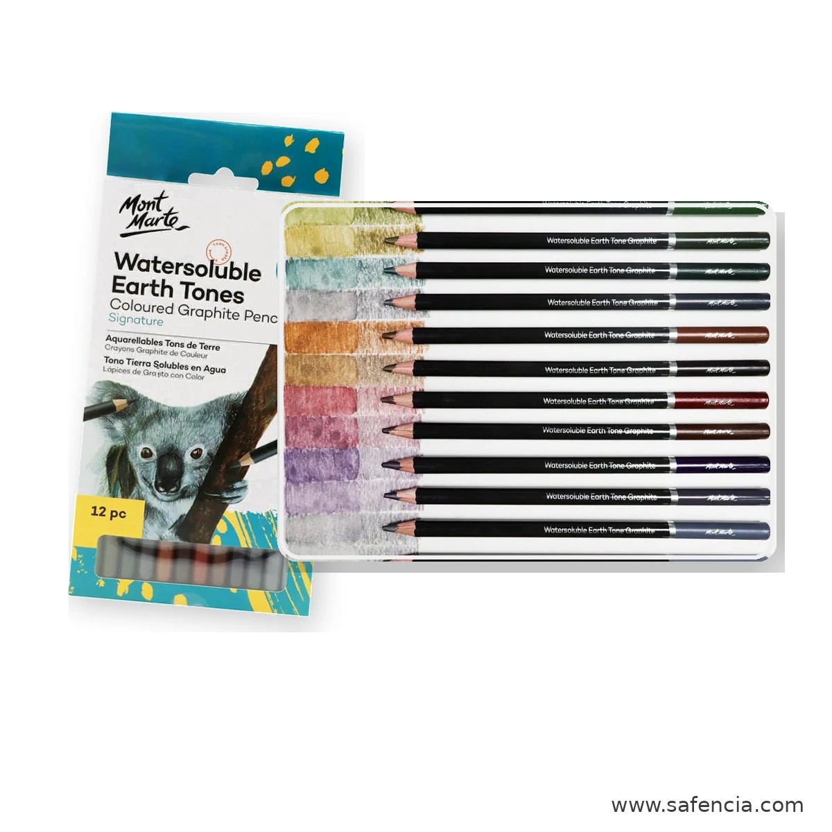Mont Marte Watersoluble Earth Tones Coloured Graphite Pencils 12pc mont marte earth tones box and pencil row shown clearly on a clean white Safencia product canvas