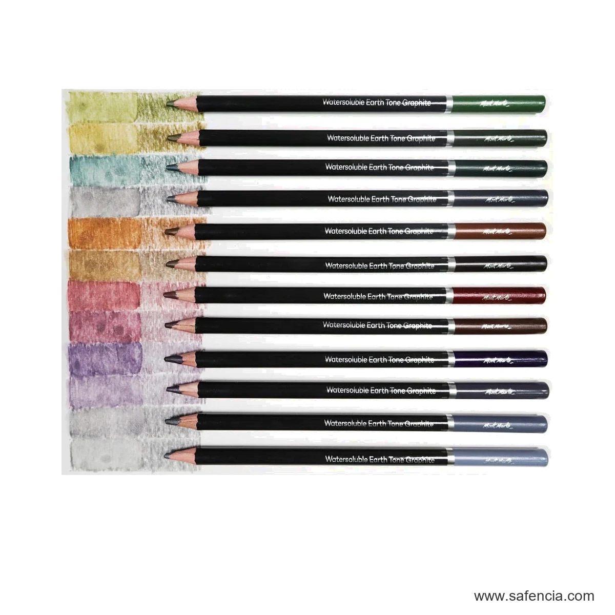 Mont Marte Watersoluble Earth Tones Coloured Graphite Pencils 12pc mont marte earth tones graphite pencils and swatches shown clearly on a clean white Safencia product canvas