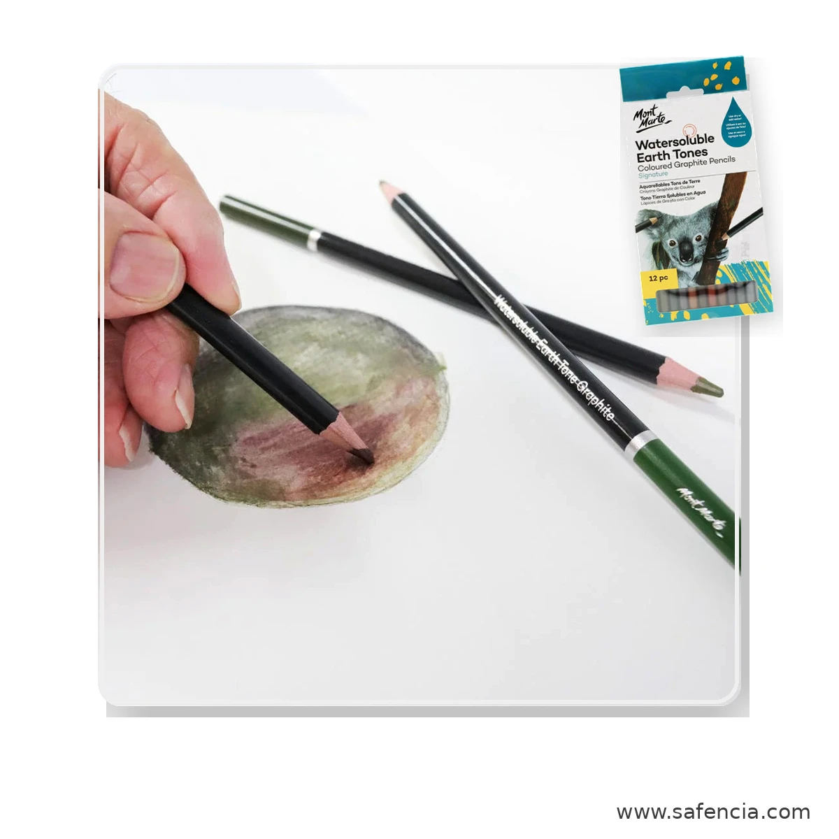 Mont Marte Watersoluble Earth Tones Coloured Graphite Pencils 12pc mont marte watersoluble earth tones pencils in use shown clearly on a clean white Safencia product canvas