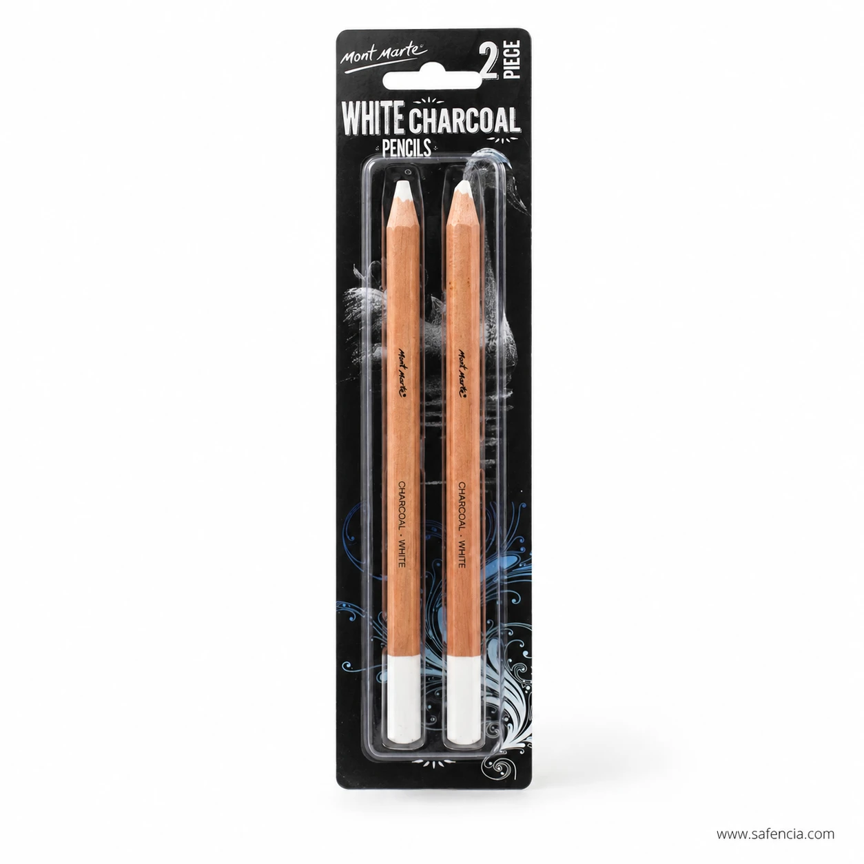 A Mont Marte white charcoal pencil drawing pale strokes across a sheet of black paper beside the blister pack