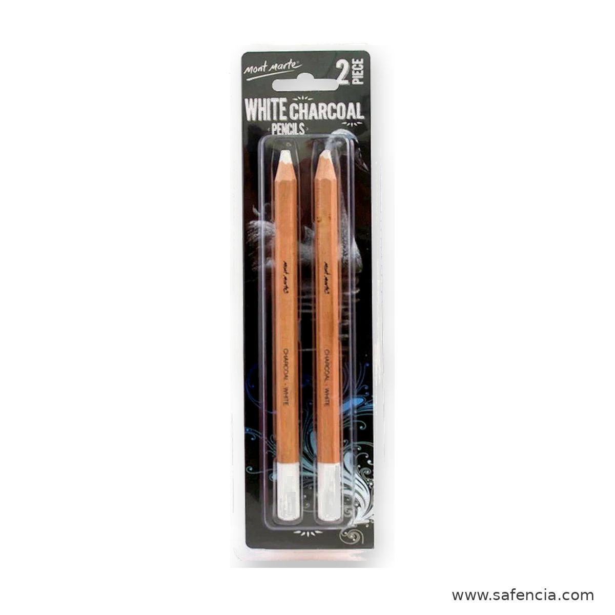 Front of the Mont Marte 2 piece white charcoal pencils blister card showing the brand name and piece count