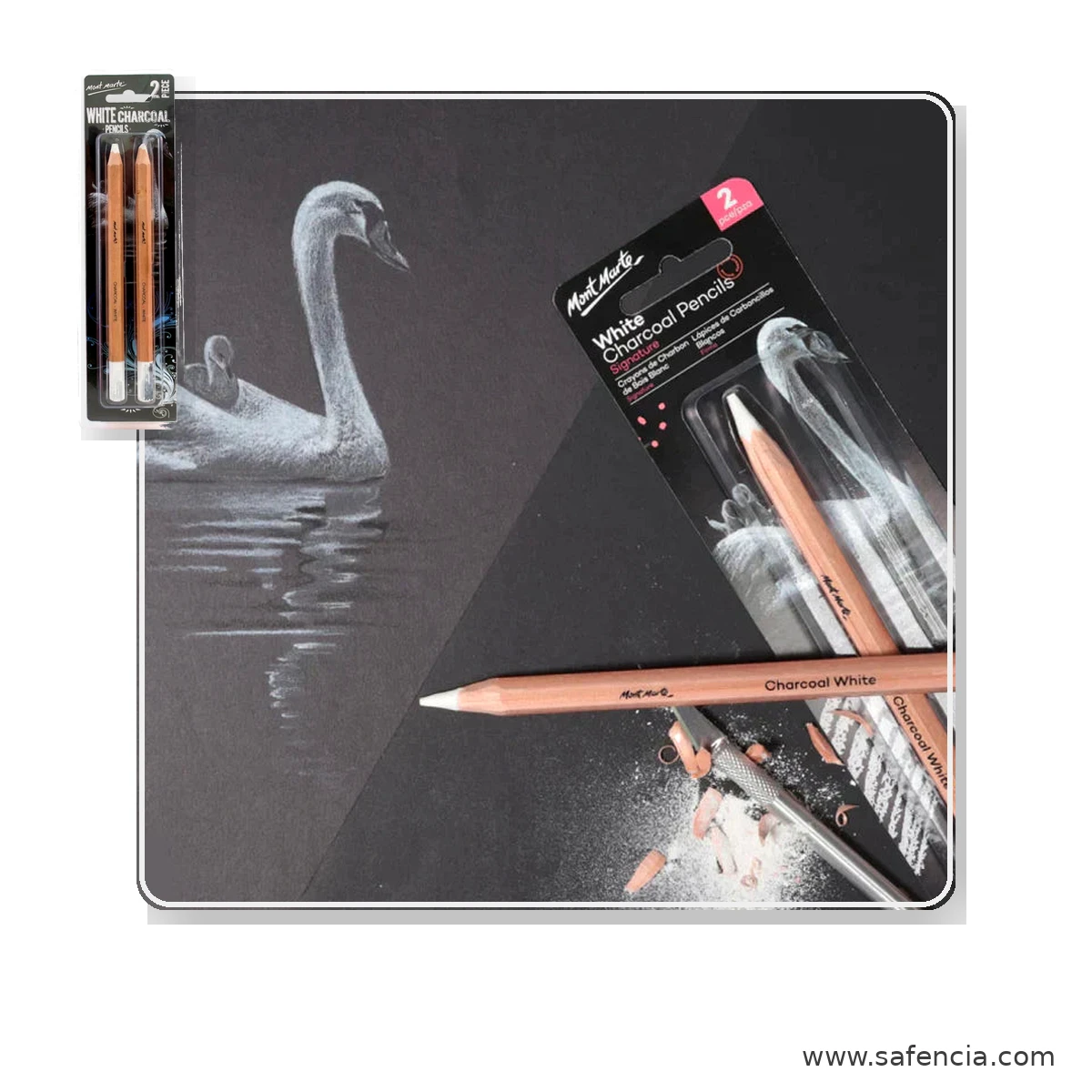 A swan drawn in white charcoal on black paper shown beside the Mont Marte white charcoal pencil pack