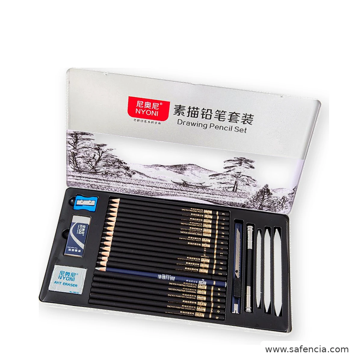 NYONI Drawing Pencils Set of 29 nyoni 29 piece drawing set angled tin shown clearly on a clean white Safencia product canvas