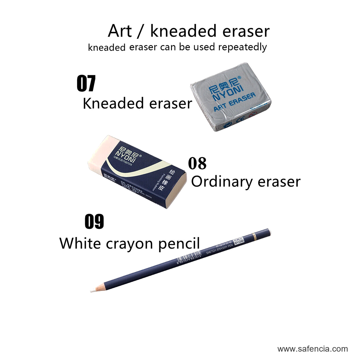 NYONI Drawing Pencils Set of 29 nyoni 29 piece sketching set accessories shown clearly on a clean white Safencia product canvas