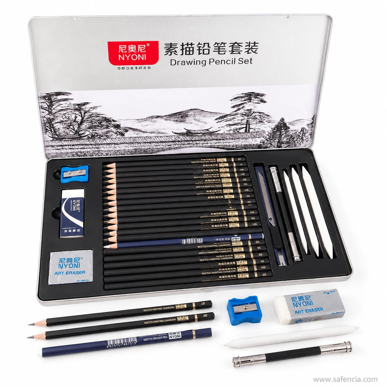 Charcoal pencils, graphite sticks, and paper blending stumps in Nyoni 29 piece drawing kit
