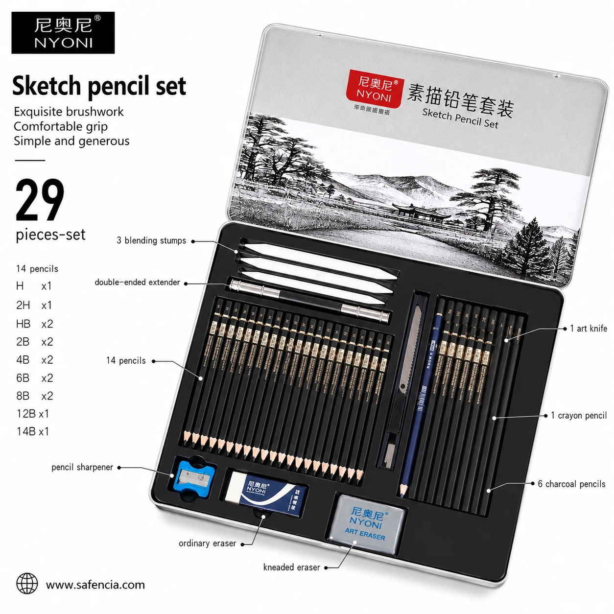 Comprehensive infographic detailing all 29 components included in Nyoni drawing tin set
