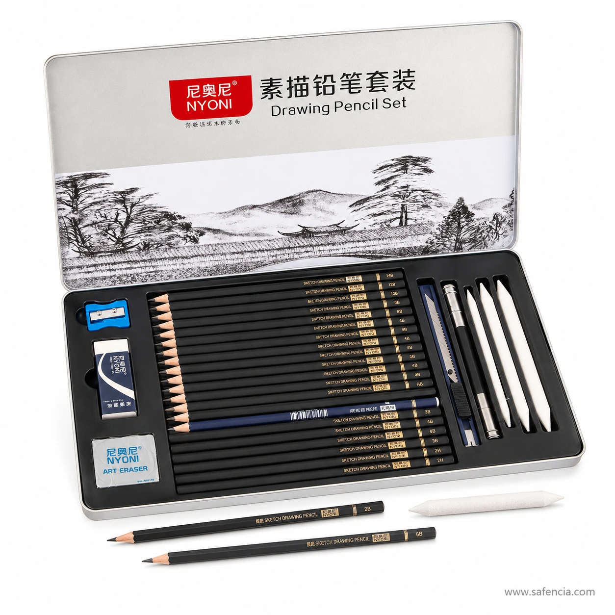 Closed embossed silver metal tin for Nyoni 29 piece professional drawing and sketching set
