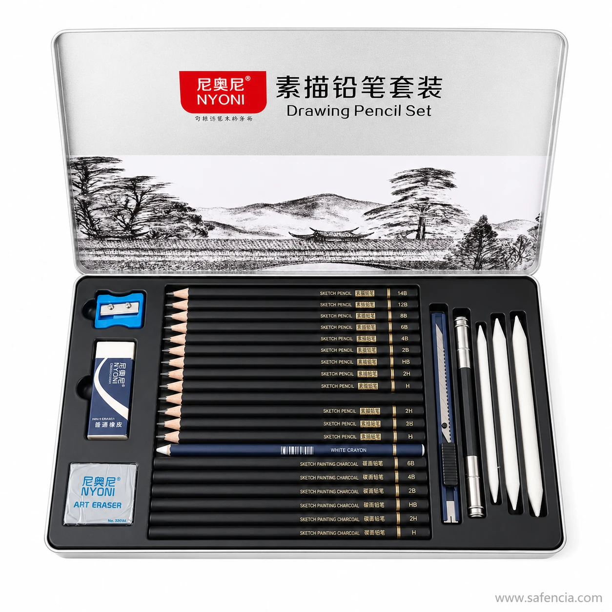 Nyoni 29 piece sketching pencils hardness gradient from hard 4H to ultra-soft 14B graphite
