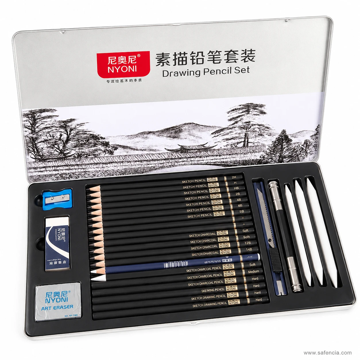 Nyoni 29 piece sketching set in embossed metal tin with full graphite grade assortment