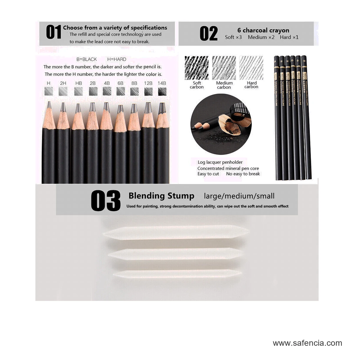 NYONI Drawing Pencils Set of 29 nyoni drawing set charcoal pencil grades and tools shown clearly on a clean white Safencia product canvas