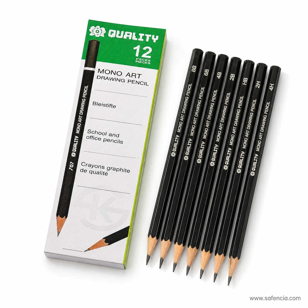 Seven Quality Mono Art drawing pencils fanned out showing hardness grades 8B, 6B, 4B, 2B, HB, 2H and 4H beside the box
