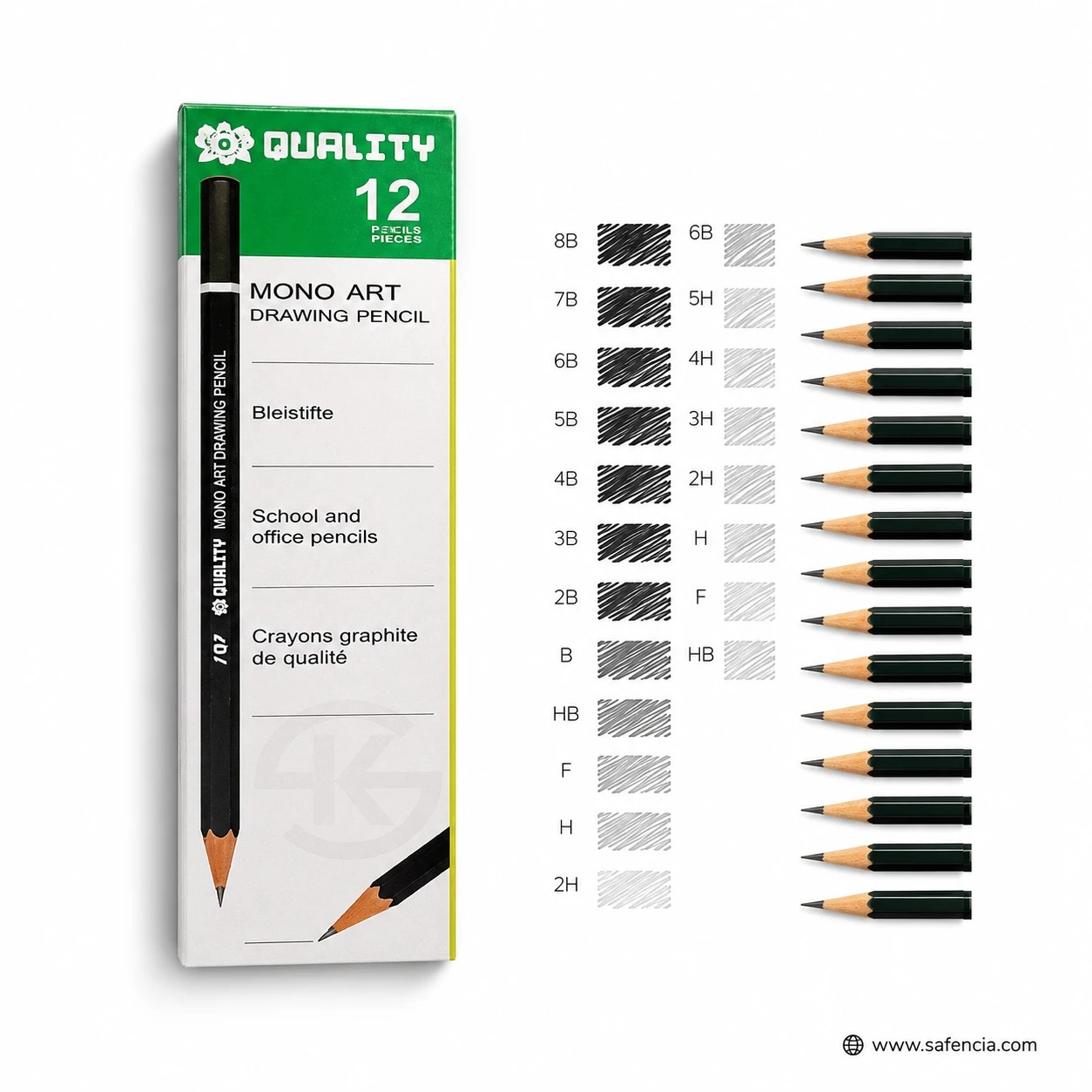 Quality Mono Art drawing pencil tone chart comparing shaded swatches from hard H grades to soft dark B grades on white