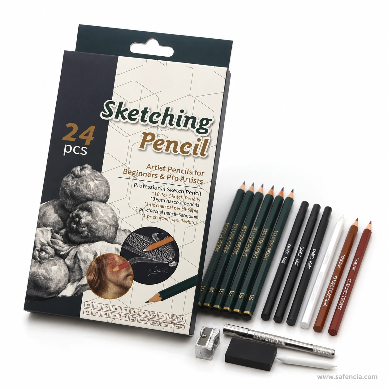 Keep Smiling 24-piece sketch set with green graphite pencils, black charcoal, and white, sepia and sanguine pencils beside the box