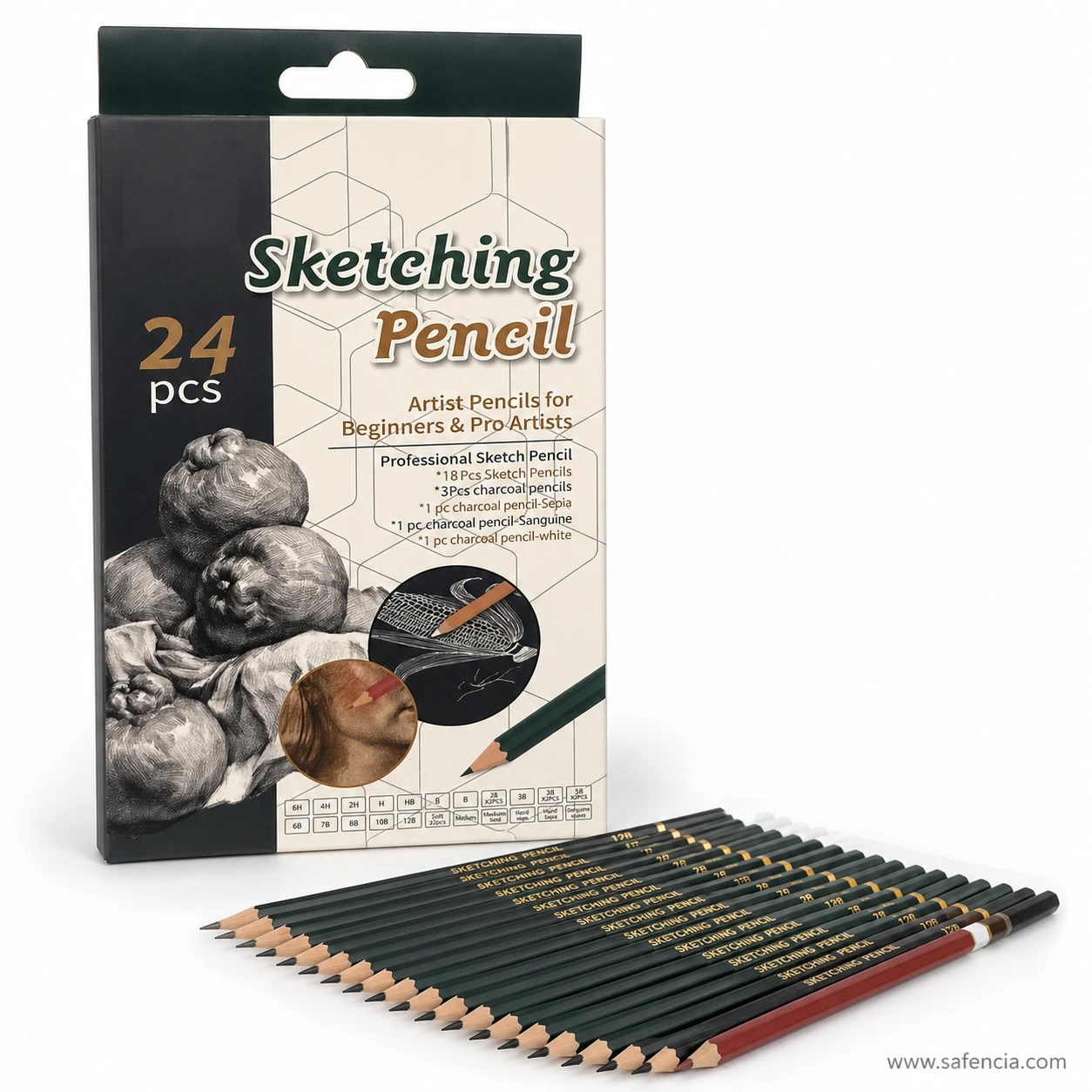 Row of grade-stamped Keep Smiling graphite sketching pencils fanned in front of the TB-1024 box on a white background