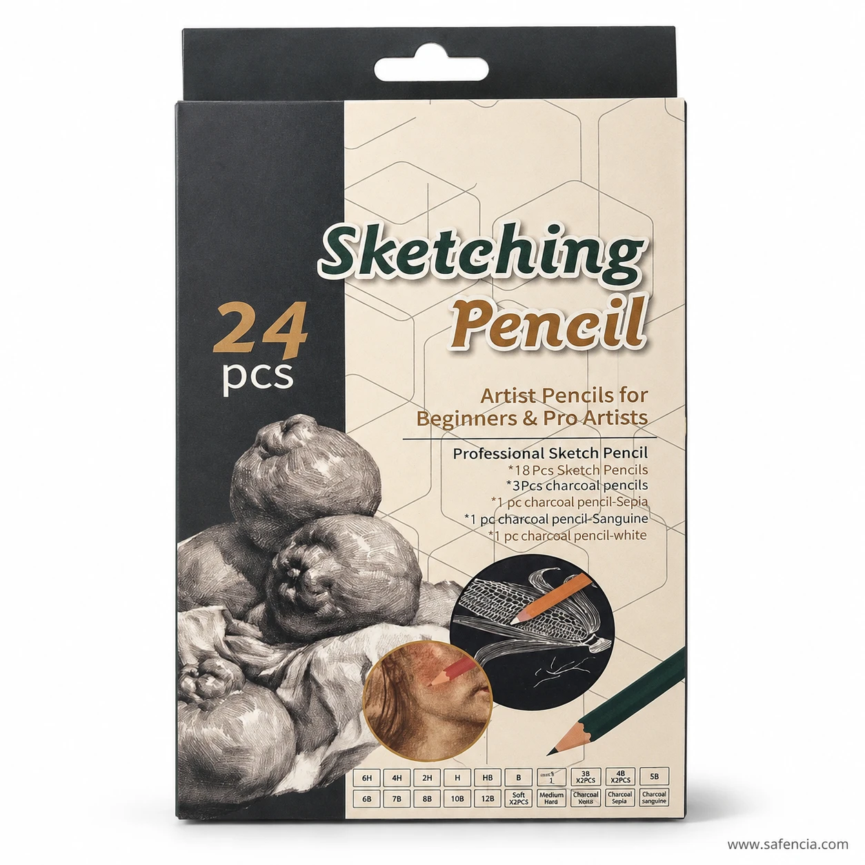 Keep Smiling TB-1024 24-pencil sketching set box showing hardness grade spectrum