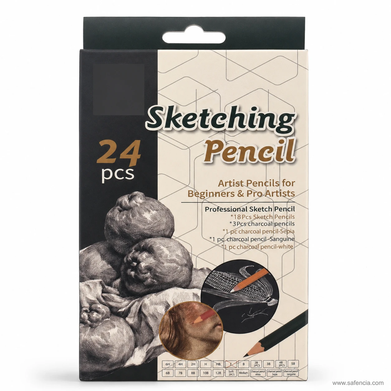 Keep Smiling 24 piece graphite sketching pencils arranged in slide-out storage tray