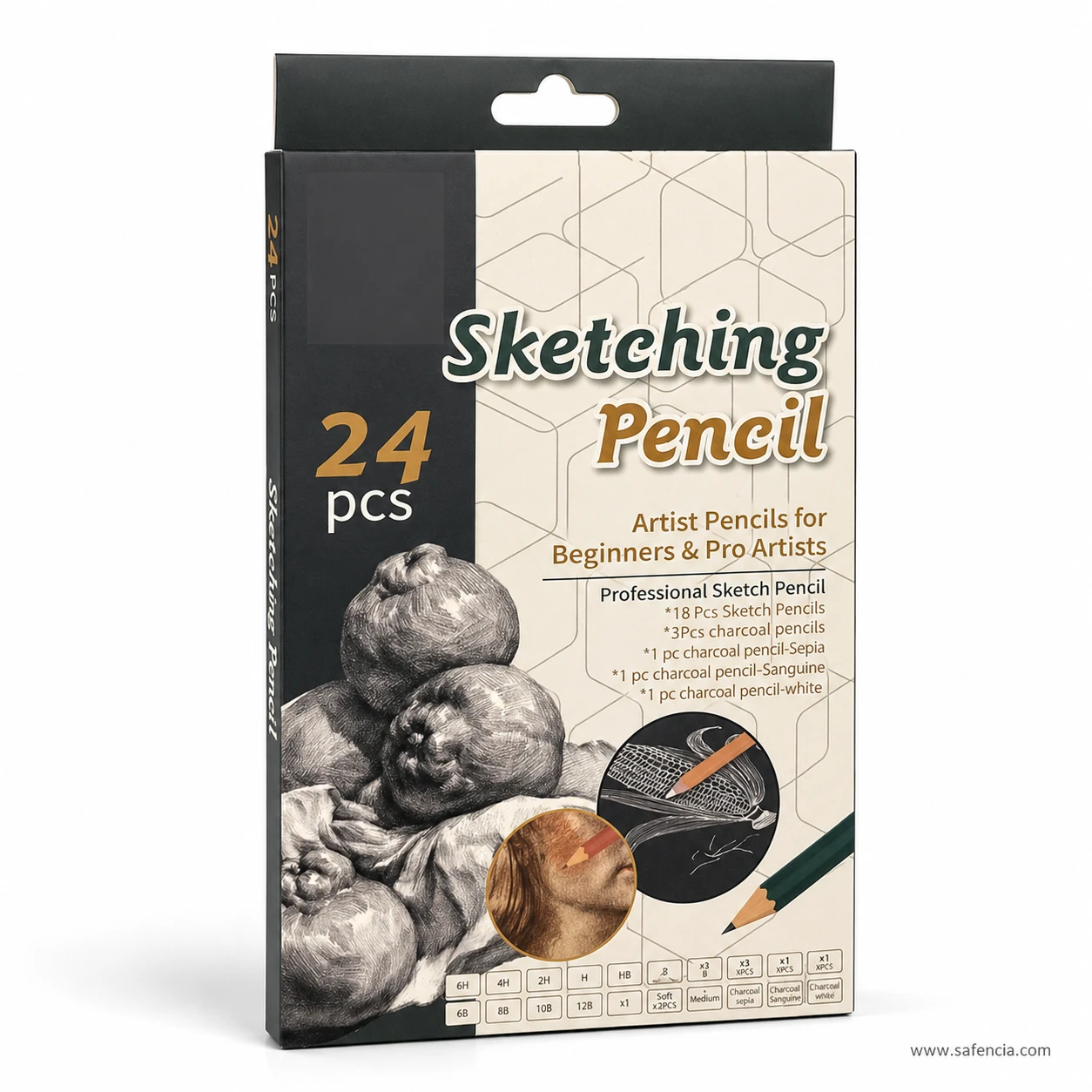 Close-up of sharpened lead tips on Keep Smiling 24-piece professional sketching set