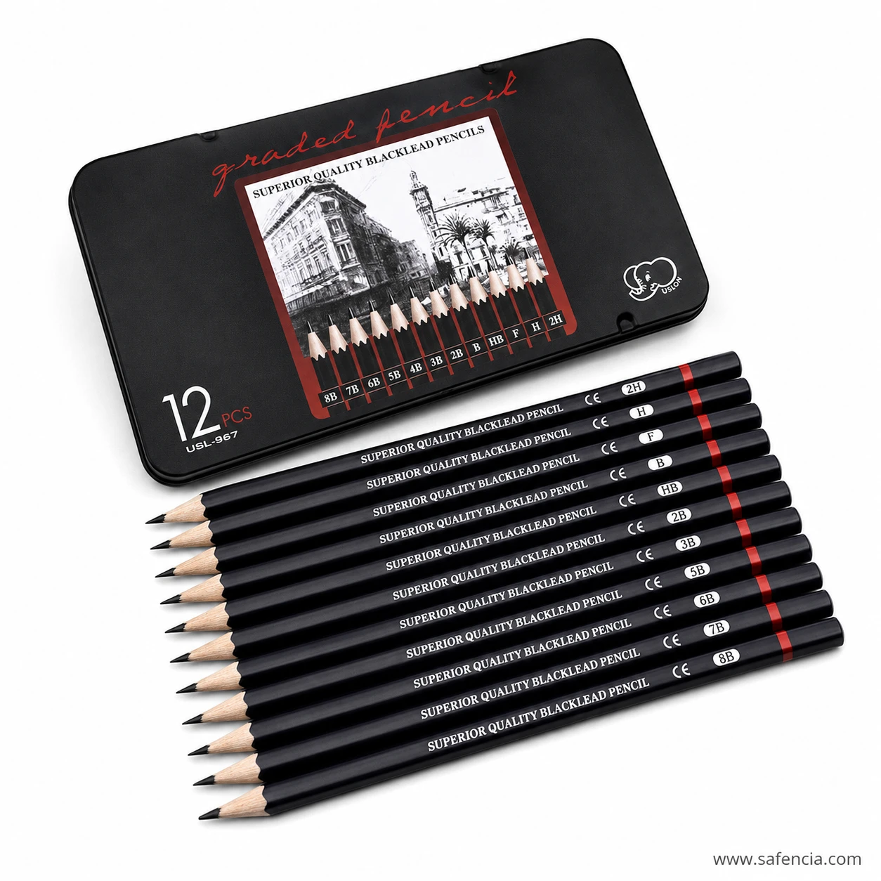 Ulson drawing pencil set of 12 fanned from the tin with grade labels 8B, 7B, 6B down to 2H visible near the ends