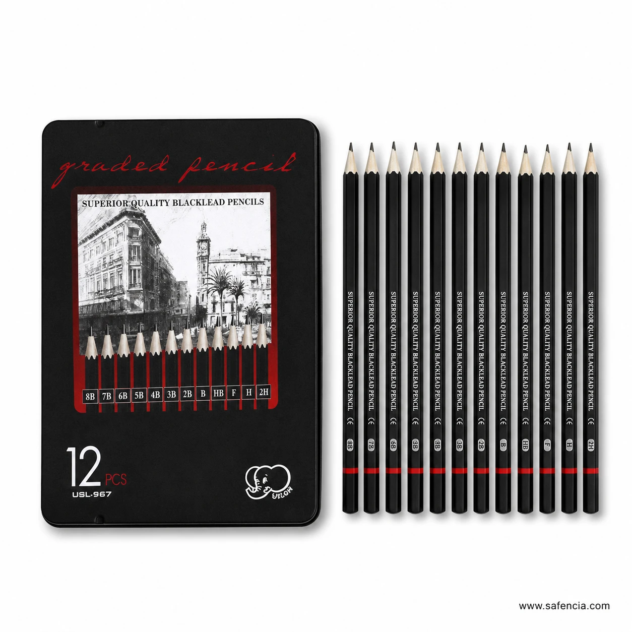 Ulson drawing and sketch pencil set of 12 standing beside the open tin, each barcode-marked pencil showing its grade