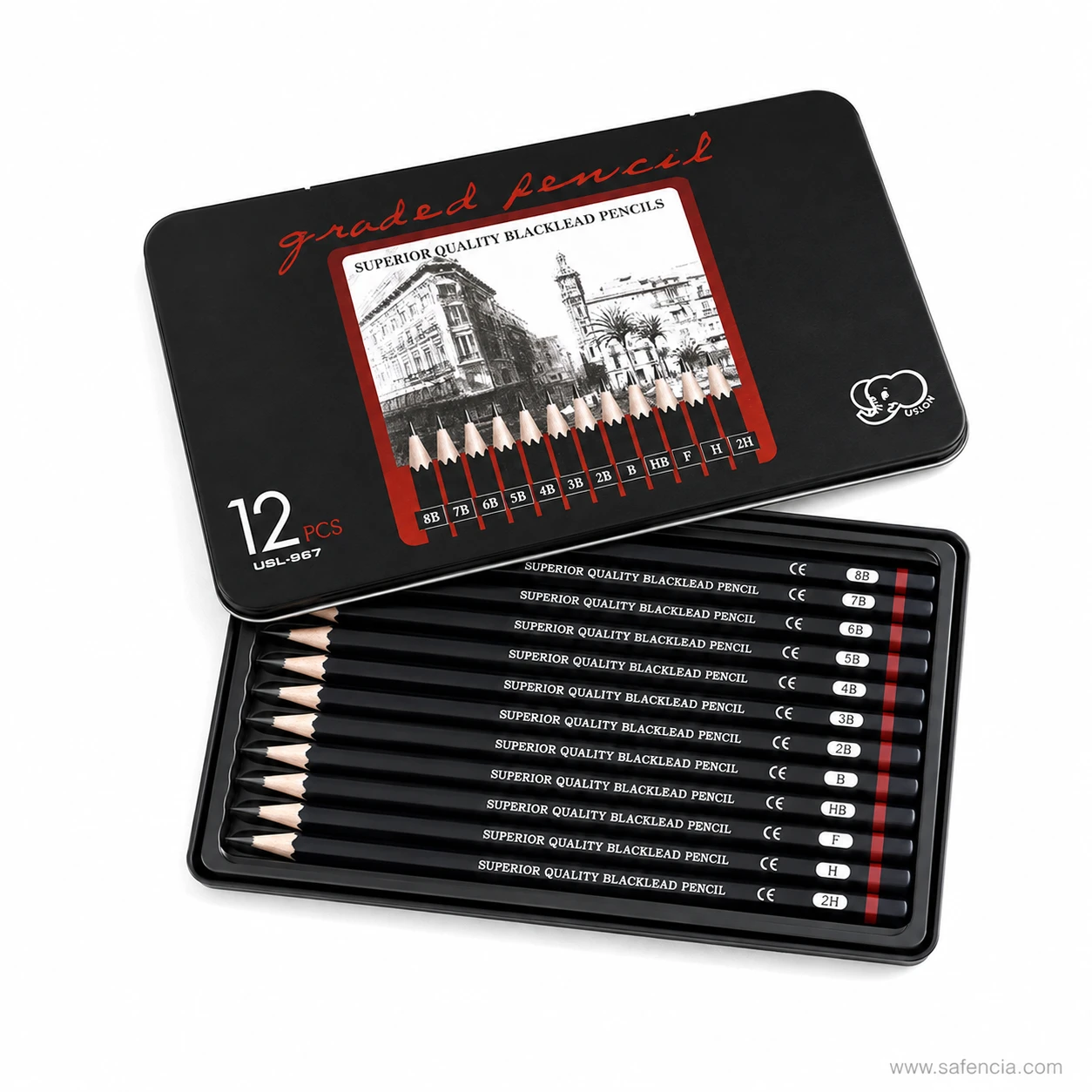 Ulson 12-piece graded drawing pencil tin lid featuring graphite portrait artwork