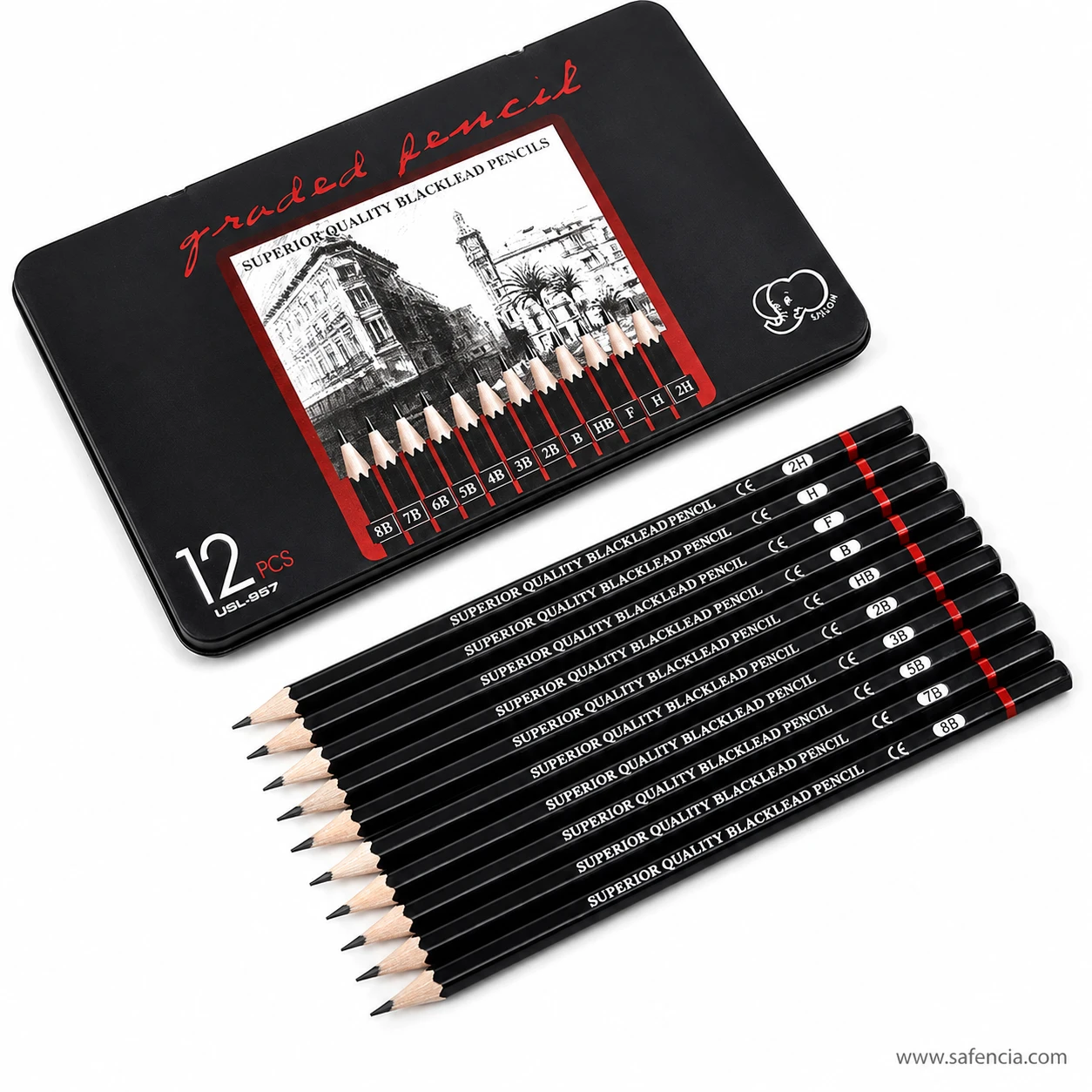 Organised metal tin tray holding 12 Ulson drawing pencils with custom dividers