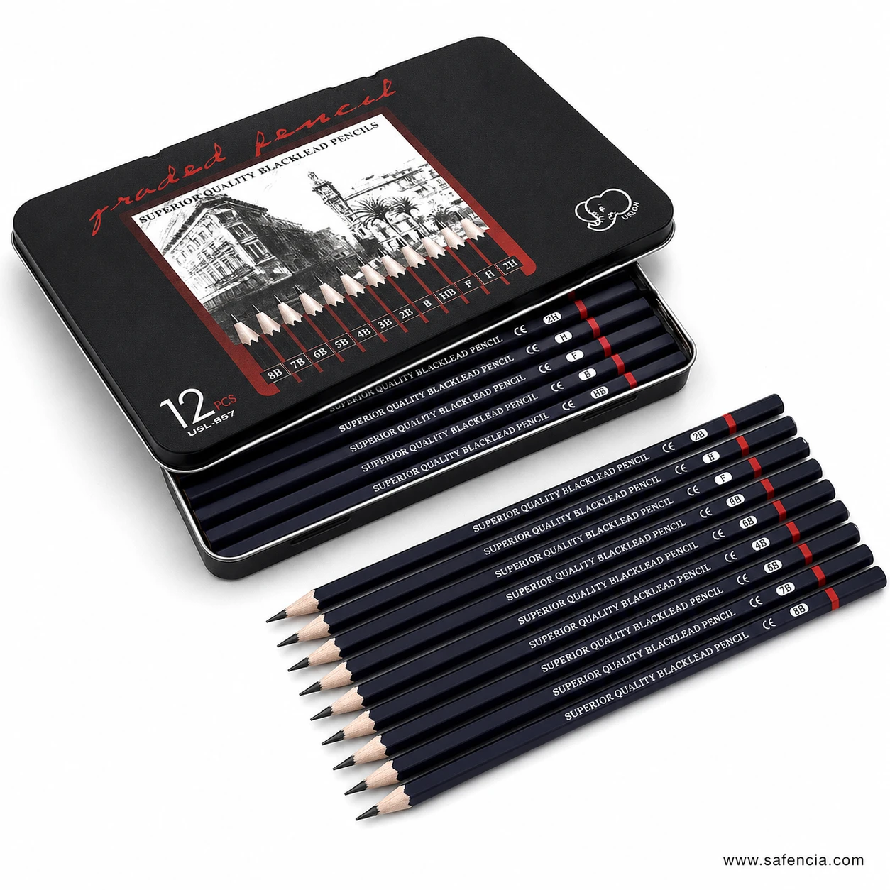 Open Ulson drawing and sketch pencil tin with the dark graphite pencils laid out by grade on a white background