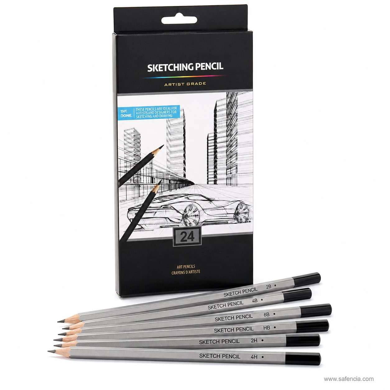 Six Worison artist sketching pencils marked 2B, 4B, 6B, HB, 2H and 4H showing the soft-to-hard graphite range