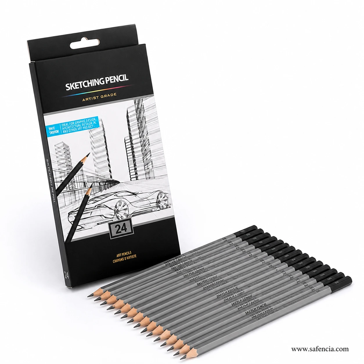 Full Worison artist sketching pencil pack of 24 graphite pencils fanned in front of the artist-grade box on white