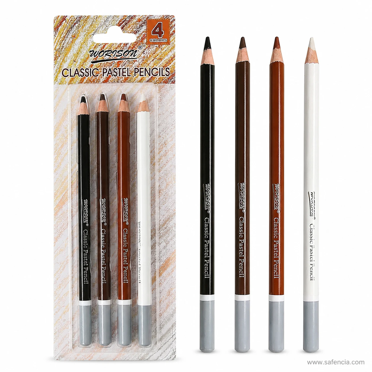 Worison classic pastel pencils standing upright showing black, brown, red-brown and white colour-matched barrels and tips